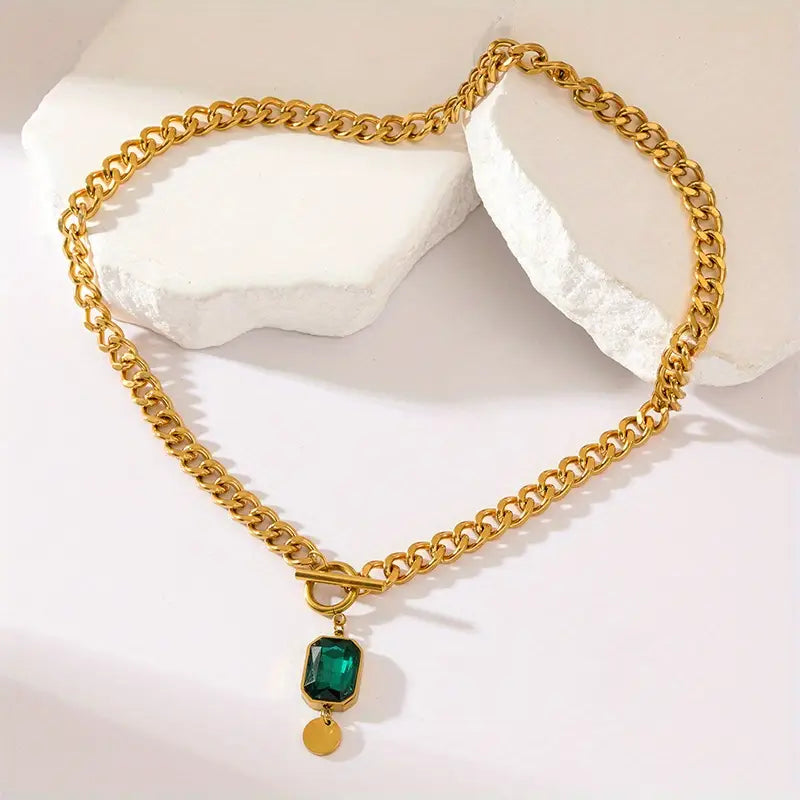 Collar de cadena gruesa con colgante de esmeralda | Oro