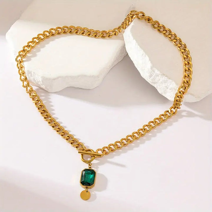 Collar de cadena gruesa con colgante de esmeralda | Oro