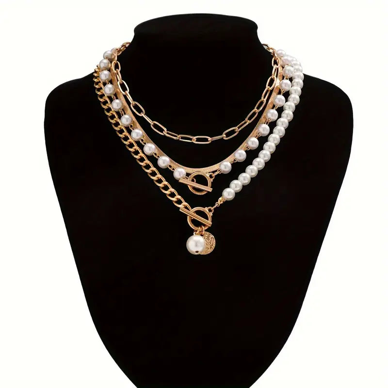 Set de Collar de Cadena de Serpiente con Perlas Vintage | Dorado