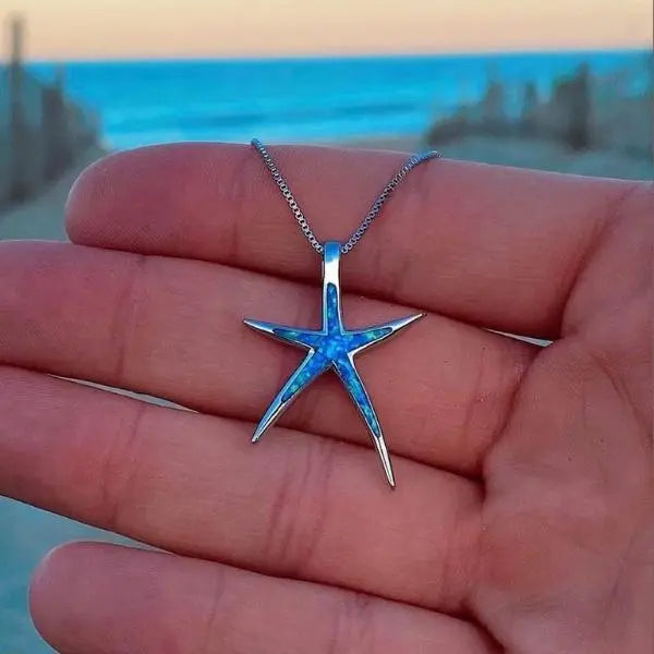 Collar de ópalo azul y estrella de mar de plata