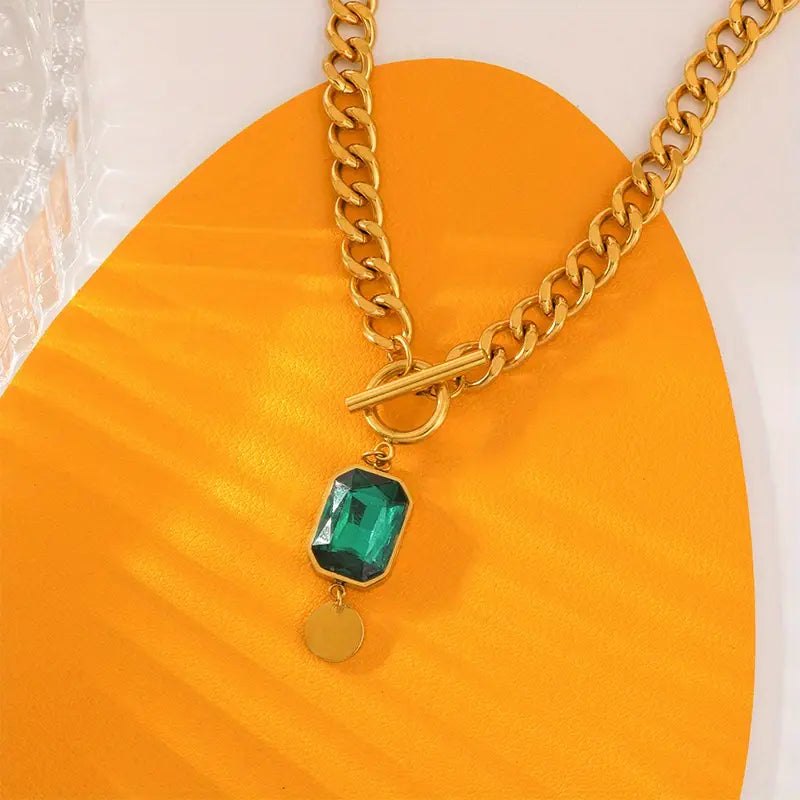 Collar de cadena gruesa con colgante de esmeralda | Oro