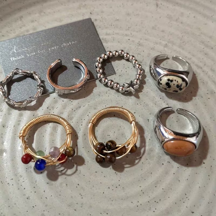 Set de 7 anillos elegantes vintage marrones con ojos de tigre