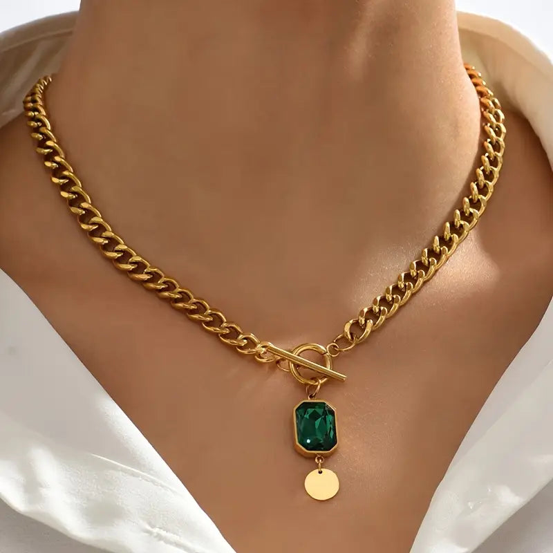 Collar de cadena gruesa con colgante de esmeralda | Oro