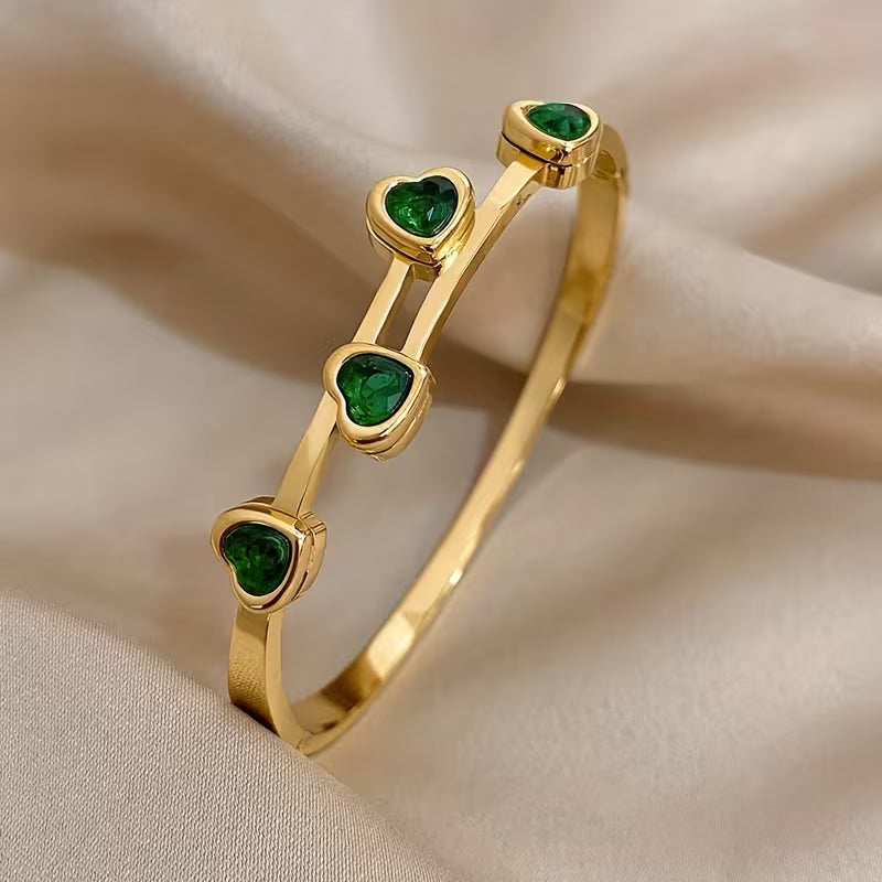 Pulsera Corazones Verdes | Oro