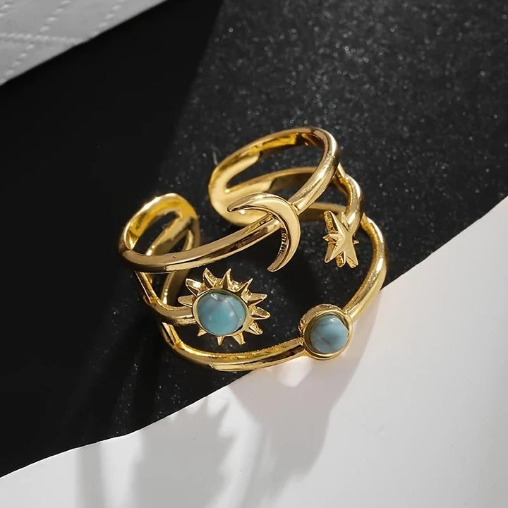 Anillo Bohemio Dorado Ajustable Luna Sol