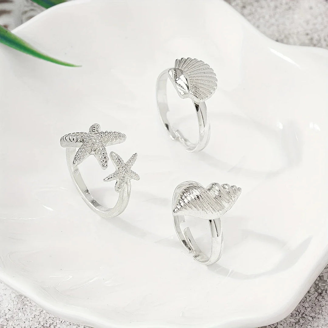 Conjunto de 3 Anillos Dorados Concha Estrella y Caracola