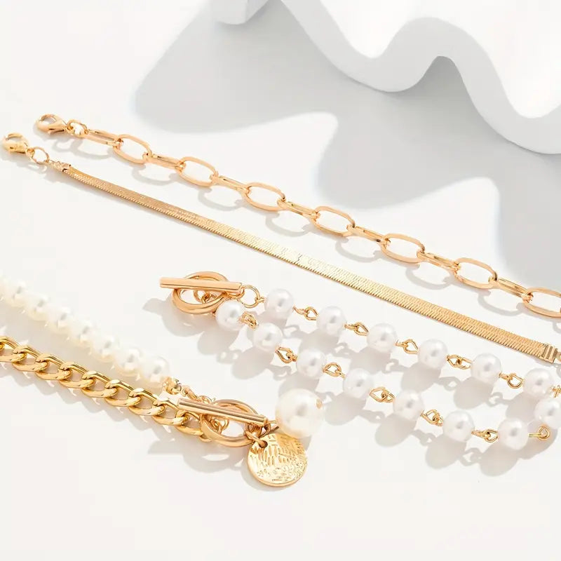 Set de Pulseras Chic Gold 4 Piezas - Serpiente, Perlas y Eslabones | Dorado