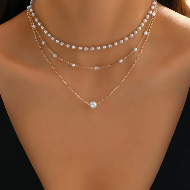 Collar de perlas de 3 capas de oro