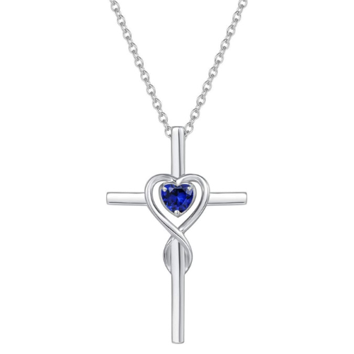 Collar cruz de piedra corazón de zafiro | Oro blanco