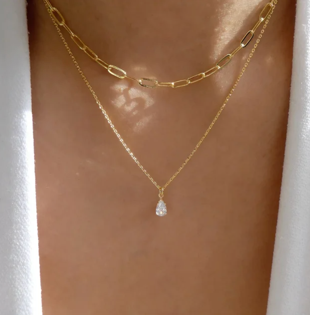 Collar doble dorado de 18 quilates con cadena y strass