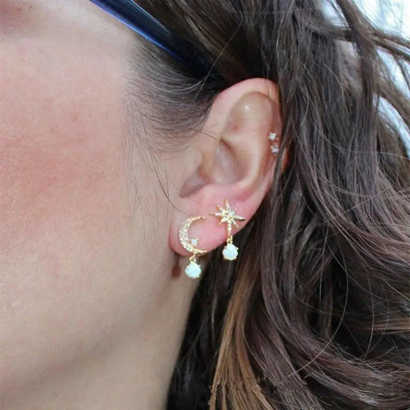 Pendientes Luna y Estrella de Oro y Ópalo