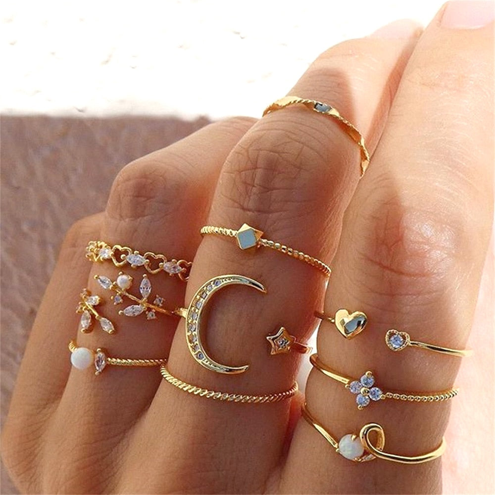 Set de 10 anillos cósmicos plateados ajustables