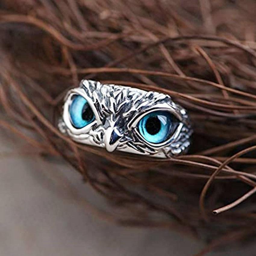 Anillo ajustable de lechuza de la suerte en plata y ópalo
