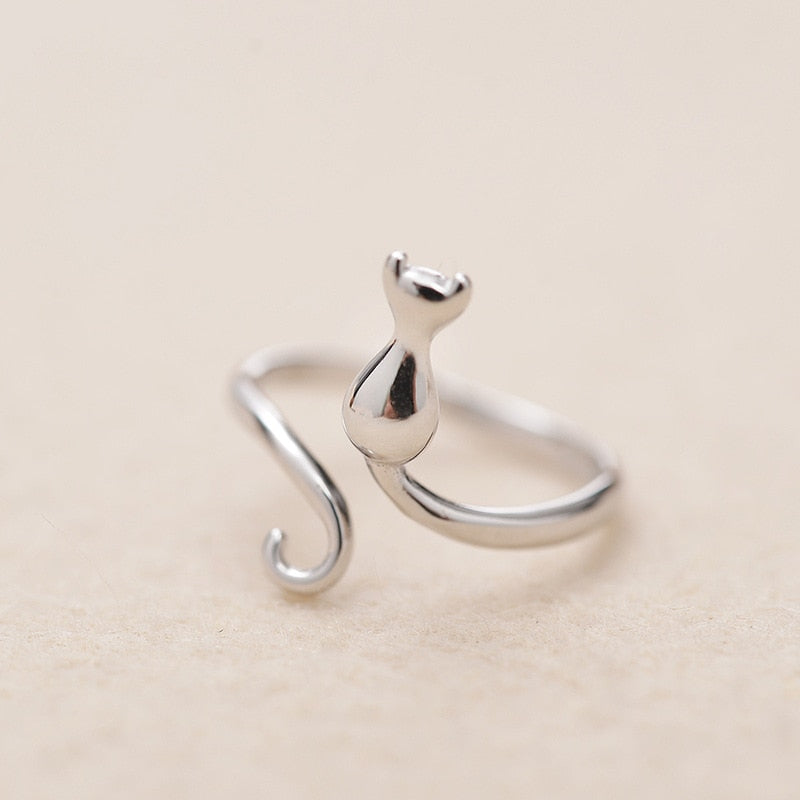 Anillo de plata 925 con forma de gato - Tamaño ajustable