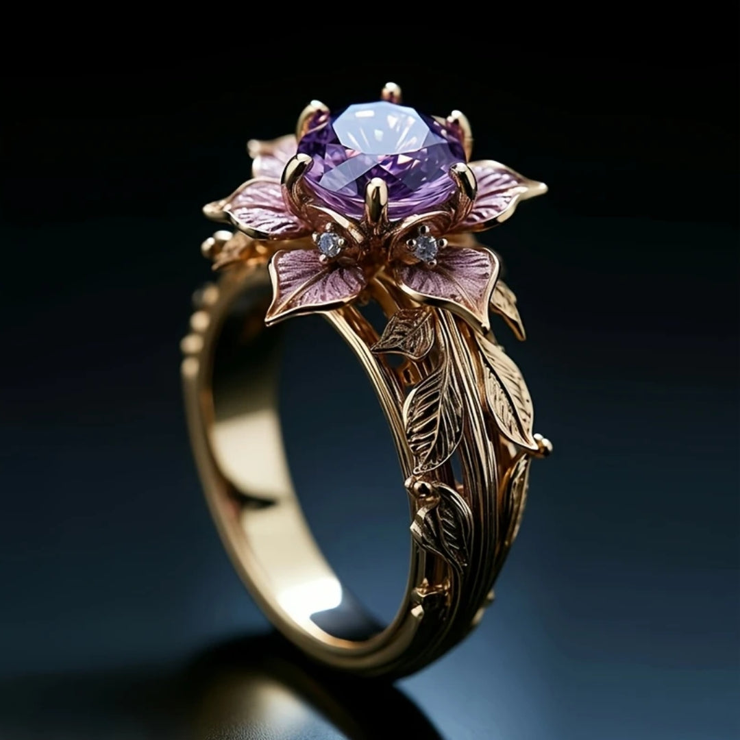 Anillo de flor lila exótica con cristal