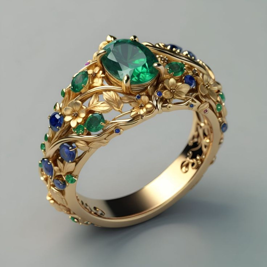 Anillo de Oro con Cristal Verde y Azul