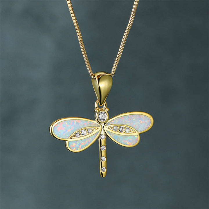 Collar de libélula en oro con ópalo