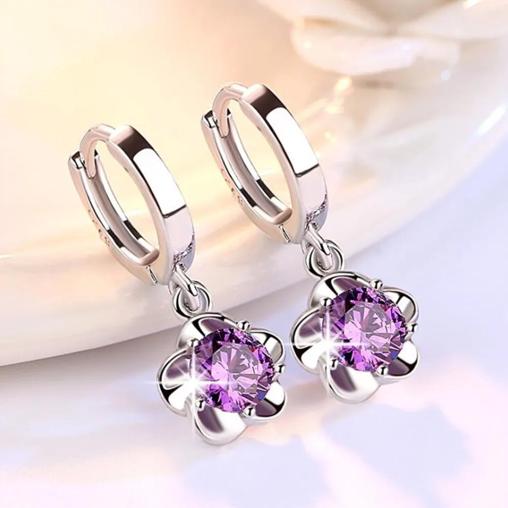 Pendientes de plata esterlina con circones morados y blancos