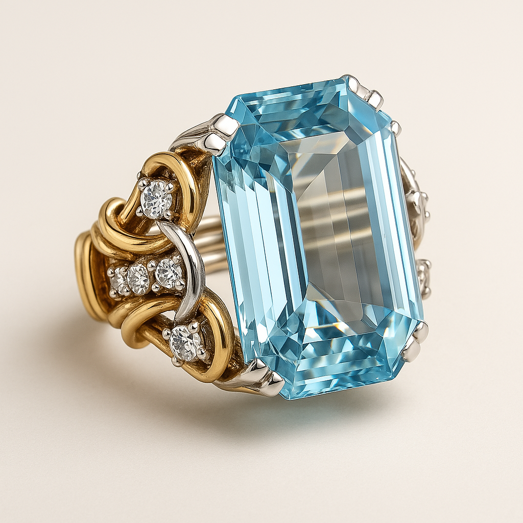 Anillo vintage de circonita azul y oro en capas