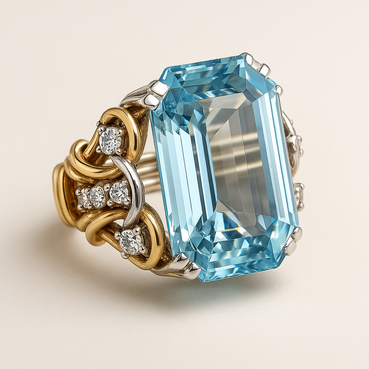 Anillo vintage de circonita azul y oro en capas