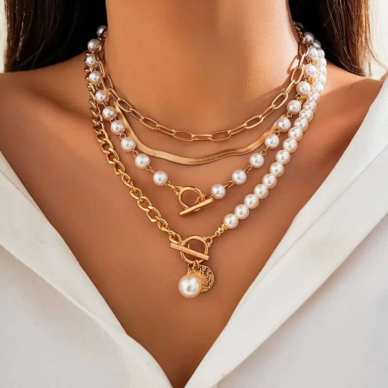 Set de Collar de Cadena de Serpiente con Perlas Vintage | Dorado