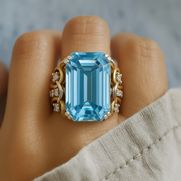 Anillo vintage de circonita azul y oro en capas