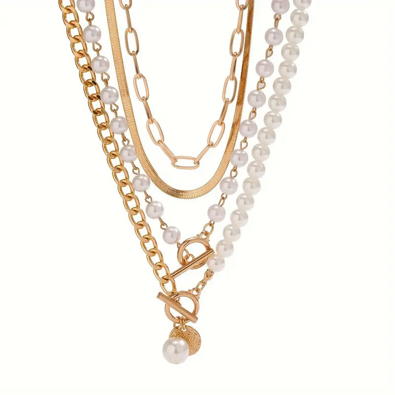 Set de Collar de Cadena de Serpiente con Perlas Vintage | Dorado