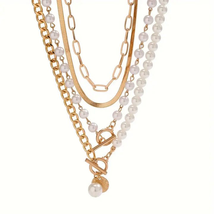 Set de Collar de Cadena de Serpiente con Perlas Vintage | Dorado