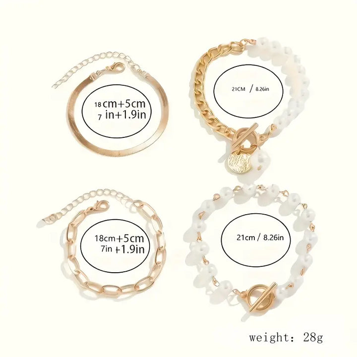 Set de Pulseras Chic Gold 4 Piezas - Serpiente, Perlas y Eslabones | Dorado