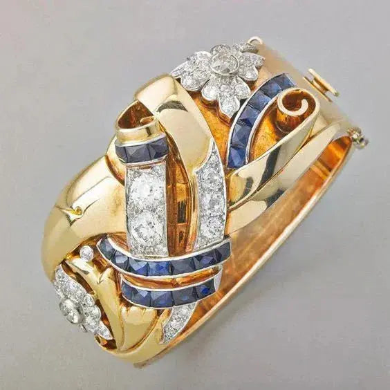 Anillo vintage dorado de circonita azul