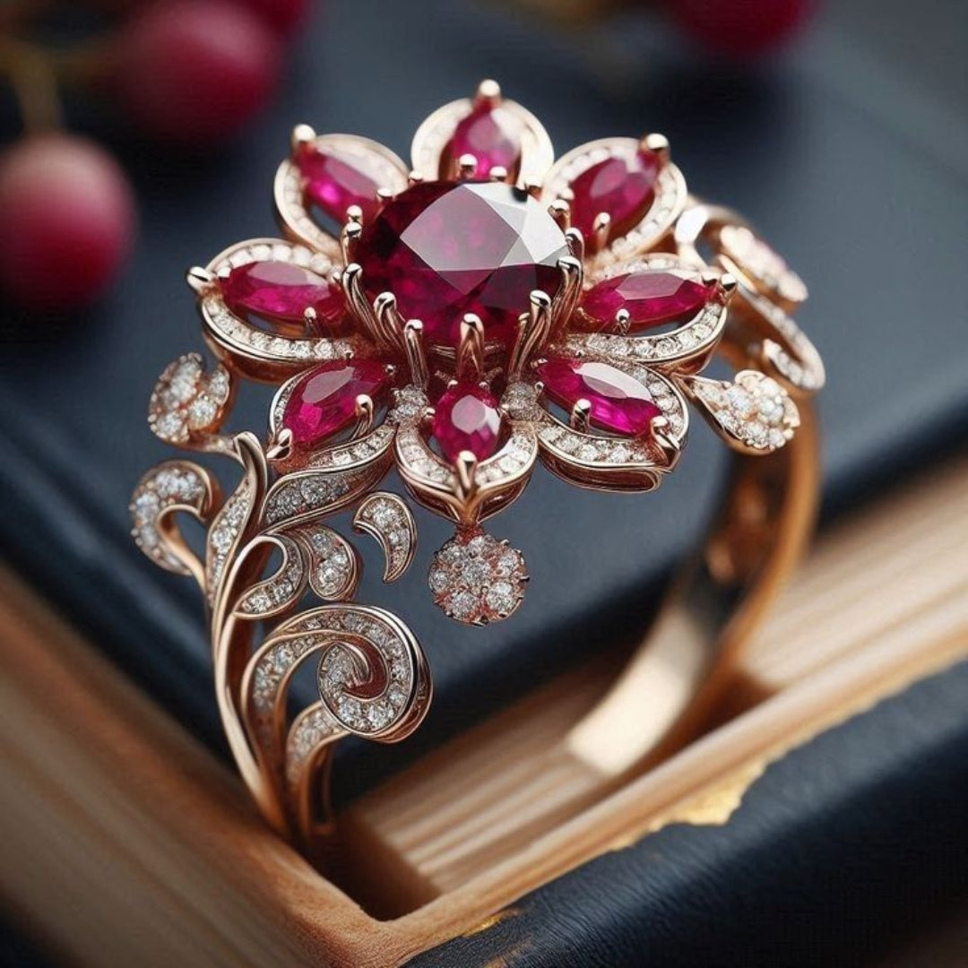 Anillo de flor roja exótica en oro
